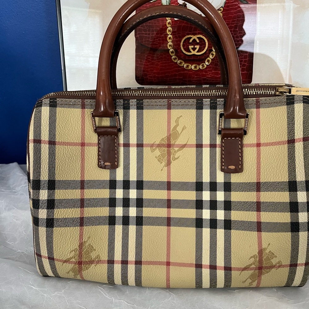 Burberry Haymarket Check Brown Boston Bag